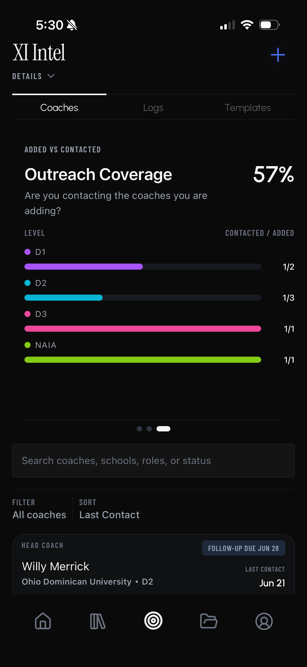 RecruitedXI XI Intel screen showing outreach coverage, coach status, and a scheduled follow-up