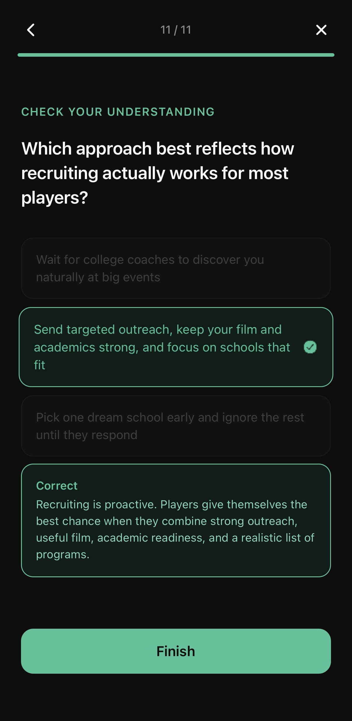 RecruitedXI recruiting lesson quiz inside the mobile app